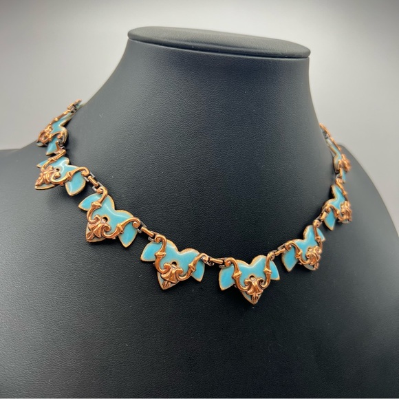 Vintage Renoir Matisse Scalloped Copper Necklace w/ Blue Enamel Accents - Rare - Picture 2 of 10